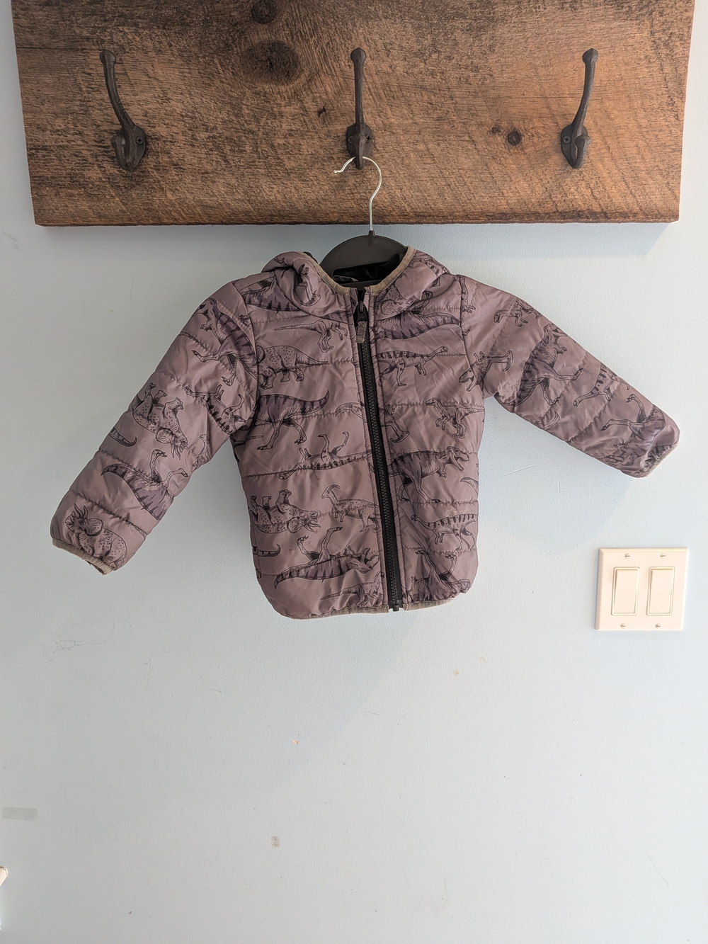 Carter's Hooded Puffer Jacket in Dusty Purple with Dino Print